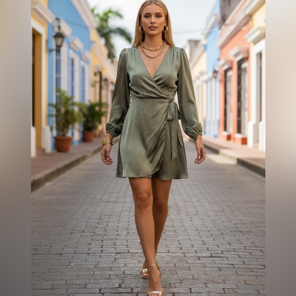 SHEIN Sage Long Sleeve Satin Dress